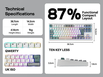 Teclado mecânico EPOMAKER TH87 TKL com layout ISO-UK, ligação com fio/BT/2.4Ghz sem fios, NKRO, bateria de 10000mAh e iluminação RGB
