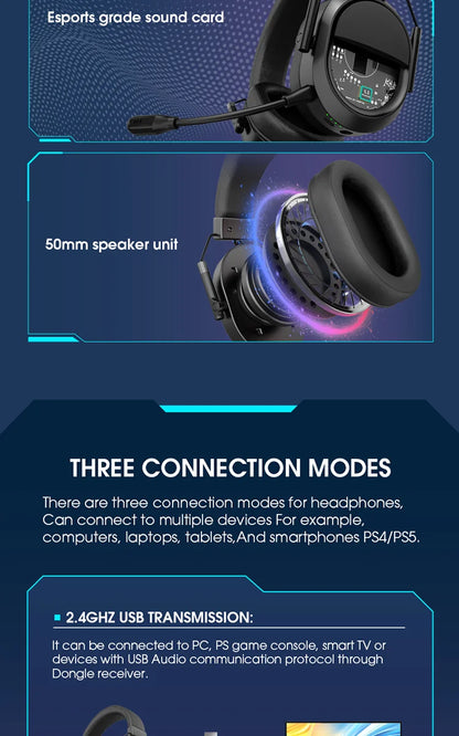 Cuffie da gaming wireless LDON per PS5 PS4, Bluetooth 2.4GHz, audio surround 3D, microfono con cancellazione del rumore, bassa latenza
