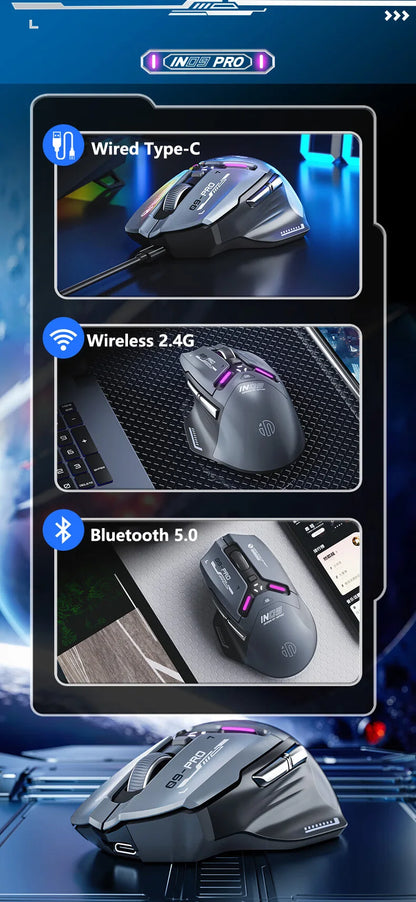 Inphic IN9PRO belaidė žaidimų pelė, 26000DPI, 8K apklausos dažnis, Bluetooth 5.0, laidinė, 2.4G, trijų režimų RGB ergonominė žaidimų pelė