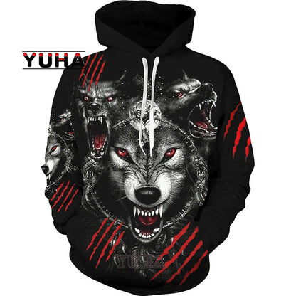 Sweatshirt com Capuz Unissexo Wolf com Impressão 3D, Pullover Cool com Gráfico Animal, Streetwear Masculino