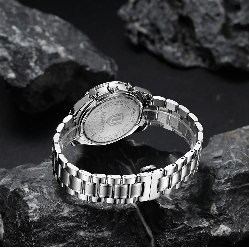 Relógio de quartzo para homem, de marca de luxo, estanque e luminescente, em aço inoxidável, equipado com um cronógrafo de 24 horas e um indicador de data – Relógio elegante para homem