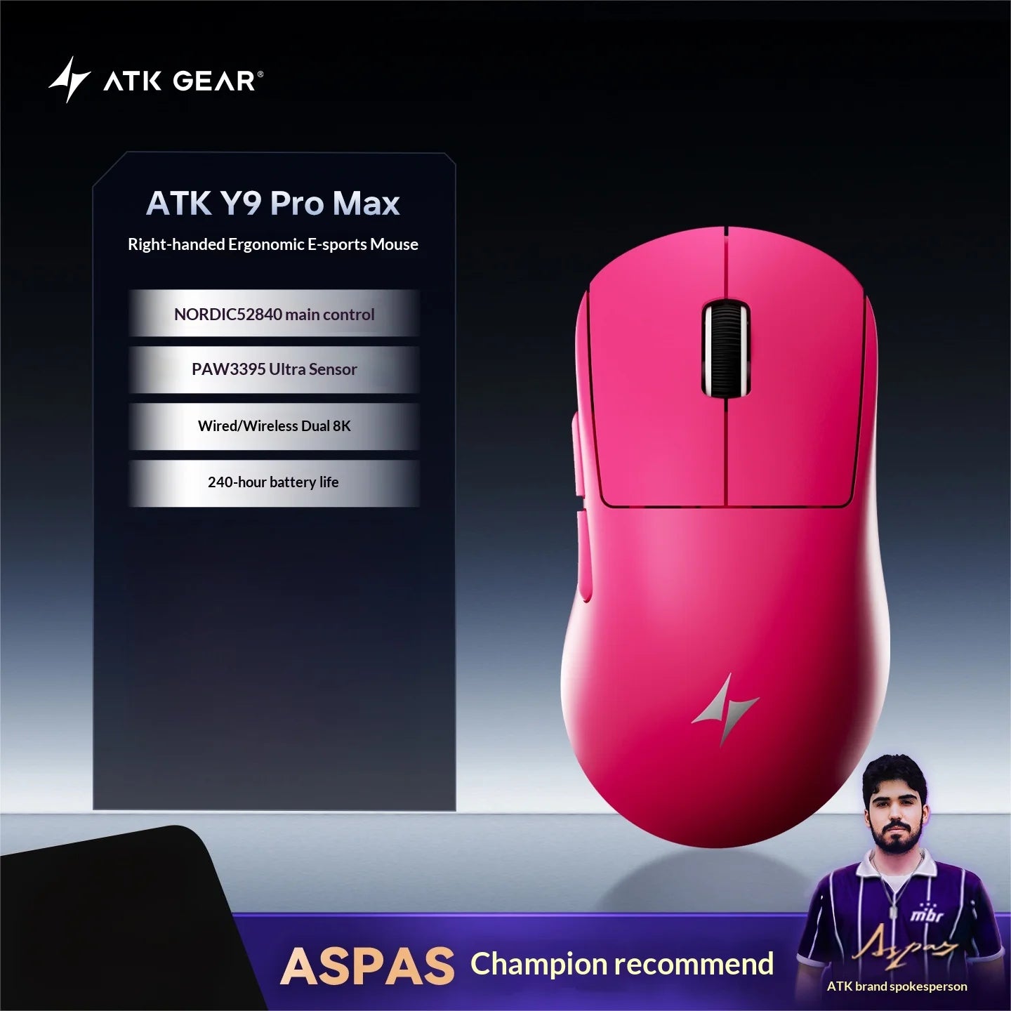 ATK Dragonfly Y9 Wireless Gaming Mouse PAW3950, 8KHz Ultra-Light Gaming Mouse with Nordic 54L15, High-Performance Wireless Mouse for FPS, Office & PC