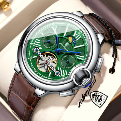 Relógio de luxo para homem POEDAGAR – Modelo mecânico automático com indicação da data e do dia, bracelete em pele, turbilhão, resistente à água, estilo elegante e profissional.