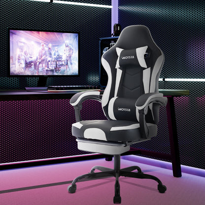 Silla gaming WOTSTA con reposapiés, silla para gamers ergonómica con cojín lumbar, reposacabezas y altura ajustable para ordenador