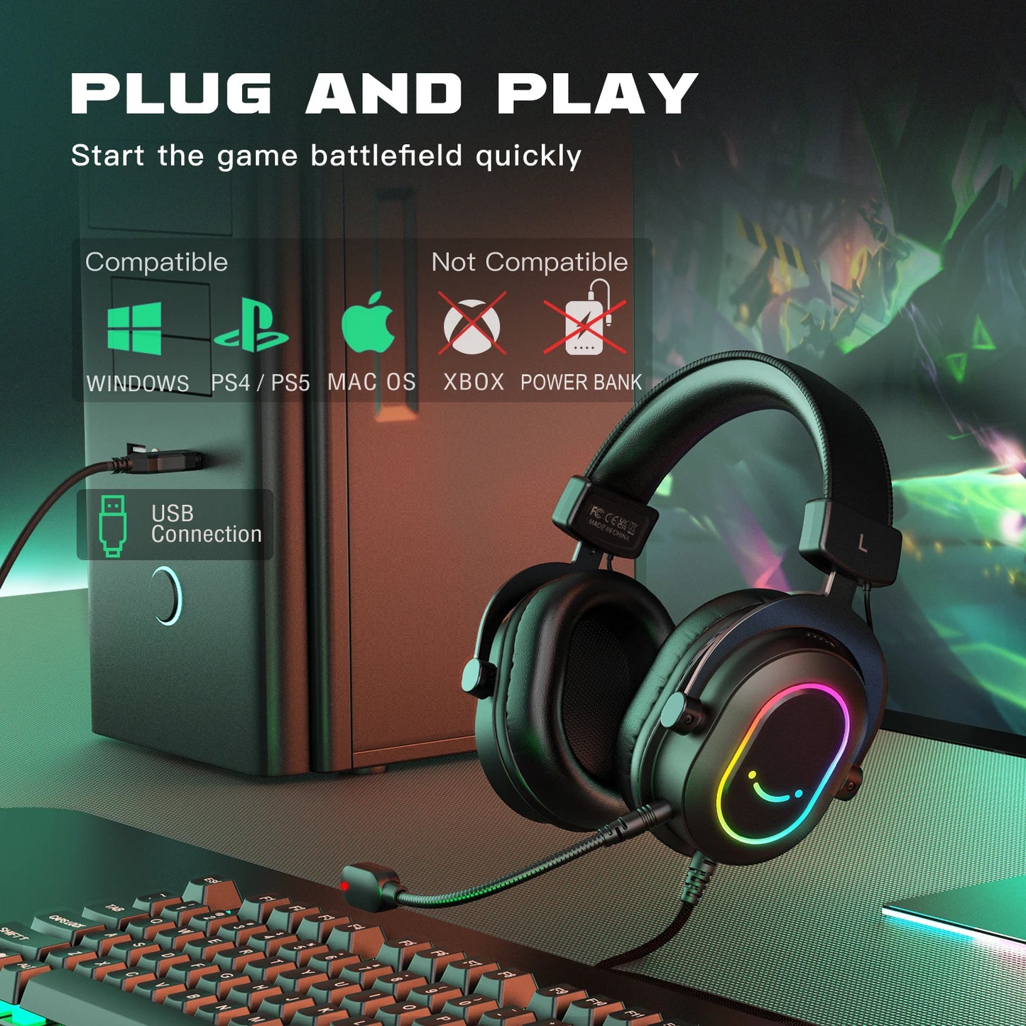 FIFINE RGB-Gaming-Headset mit Mikrofon – kabelgebundene Over-Ear-Kopfhörer mit 7.1 Surround Sound für PC, PS4 & PS5 mit 3 EQ-Modi