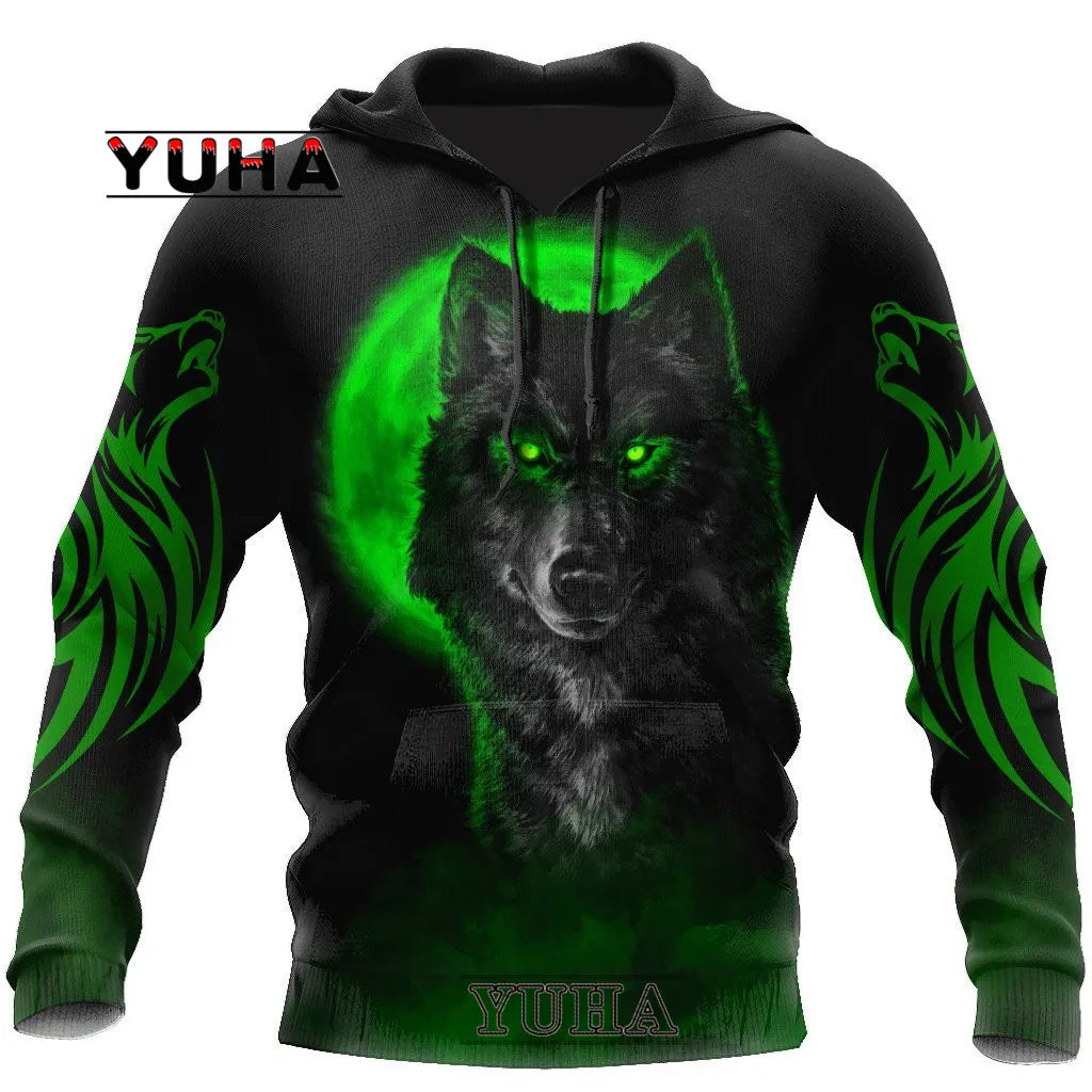 Sweatshirt com Capuz Unissexo Wolf com Impressão 3D, Pullover Cool com Gráfico Animal, Streetwear Masculino