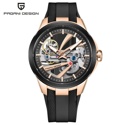 Pánske hodinky PAGANI DESIGN – Luxusný mechanický model s automatickým náťahom, typu „skelet“ (s otvoreným srdcom), vybavený tourbillonom, so zafírovým sklom s antireflexnou úpravou, vodotesné a luminiscenčné.