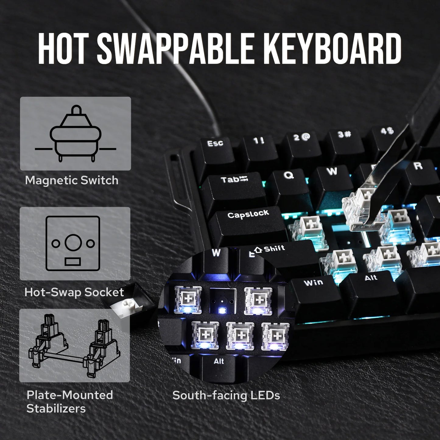 Teclado mecánico con cable AULA WIN60 HE/WIN60 HE MAX 60% con estructura tray-mount hot-swap e interruptores magnéticos Hall Effect
