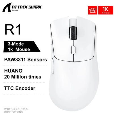 Ratón inalámbrico Attack Shark X11&R1 Tri Mode Bluetooth con base de carga RGB, ergonómico y ligero, accesorio para PC gamer