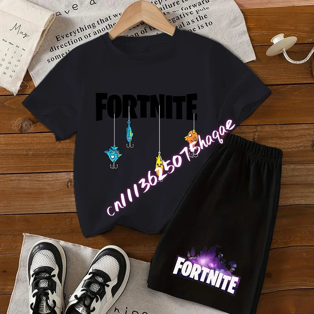 Conjunto de verano Fortress Night de camiseta y pantalones cortos para niños y niñas, 2 piezas, ropa infantil con camiseta estampada, regalo