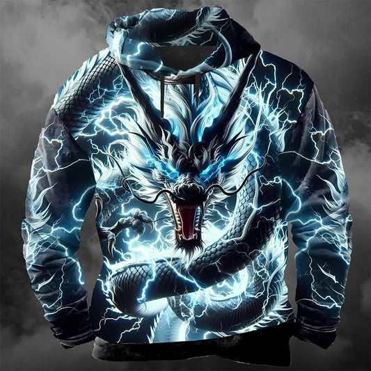 Muška hoodie majica s 3D printom munjevitog zmaja, moderan cool svakodnevni pulover dugih rukava u streetwear stilu, jesensko-zimski trenirka kaput
