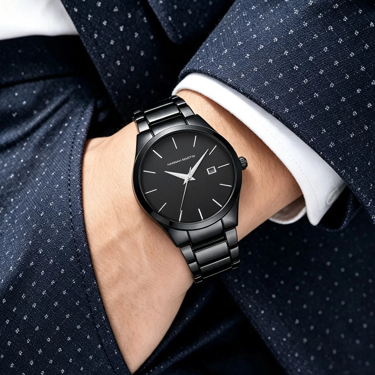 Relógio de homem Hannah Martin, caixa em aço inoxidável, movimento de quartzo, mostrador de 41 mm, estilo profissional, com indicação do calendário (imitação)