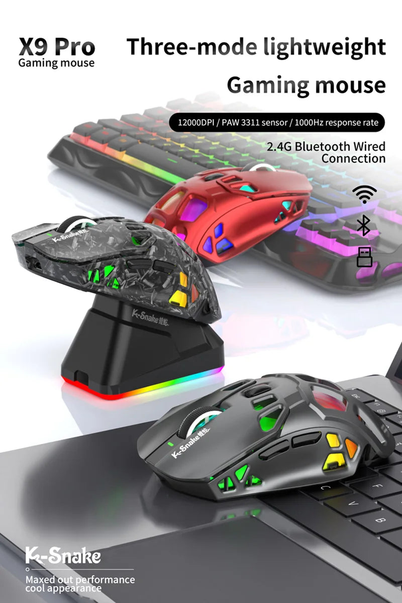 Lenovo Tri-Mode -kevyt pelihiiri RGB-lataustelakalla, 12000DPI, 2.4G/Bluetooth/langallinen ergonominen hiiri PC:lle ja kannettavalle tietokoneelle