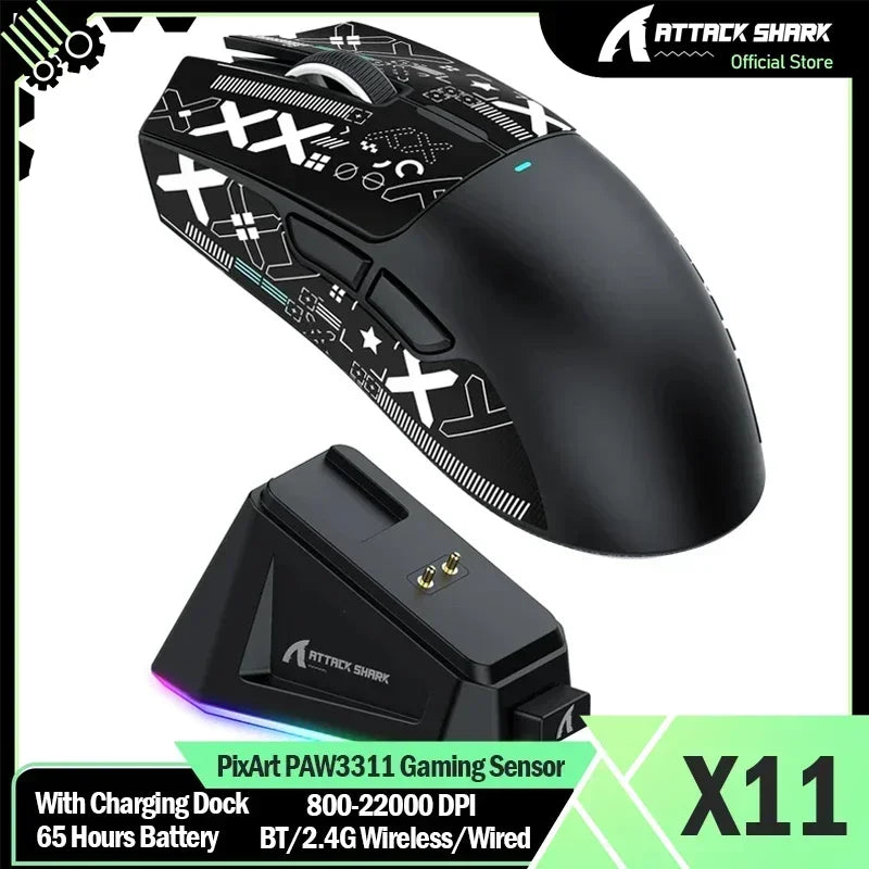Ratón gaming inalámbrico ATTACK SHARK X11 Original Brand con base de carga, sensor gaming PixArt PAW3311, conexión BT/2.4G inalámbrica/con cable