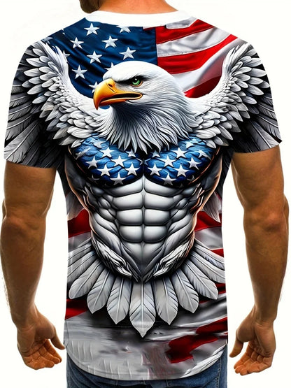 Camiseta patriótica para hombre con estampado 3D de águila, cuello redondo, manga corta y estilo casual, ideal para moda de verano y actividades al aire libre