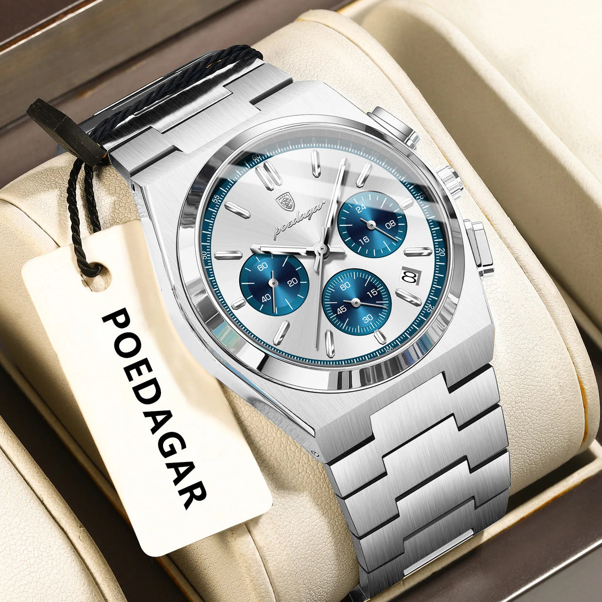 Reloj para hombre POEDAGAR: cronógrafo de lujo de acero inoxidable, con fecha, resistente al agua y luminiscente; reloj de pulsera deportivo de cuarzo