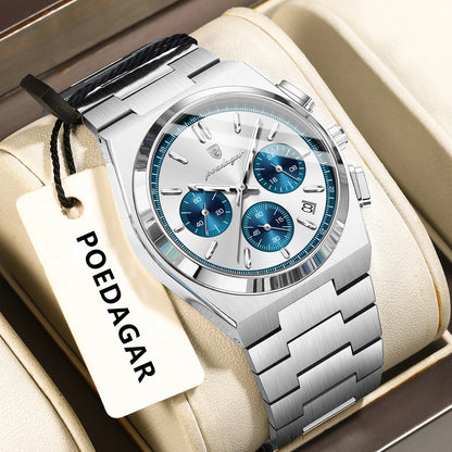 Reloj para hombre POEDAGAR: cronógrafo de lujo de acero inoxidable, con fecha, resistente al agua y luminiscente; reloj de pulsera deportivo de cuarzo