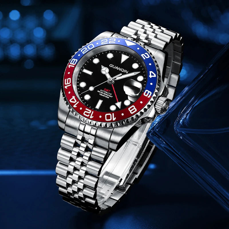 Orologio da uomo GUANQIN GMT 2025, nuovo orologio automatico da uomo NH34, meccanico da polso, vetro zaffiro, acciaio inox, per mancini