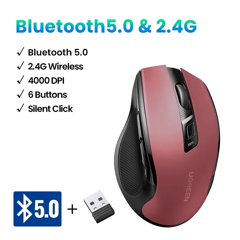 UGREEN bežični miš Bluetooth 5.0, ergonomski miš 4000DPI, 6 tihih tipki, miš za MacBook, tablet, prijenosna računala, računalo PC, 2.4G miševi