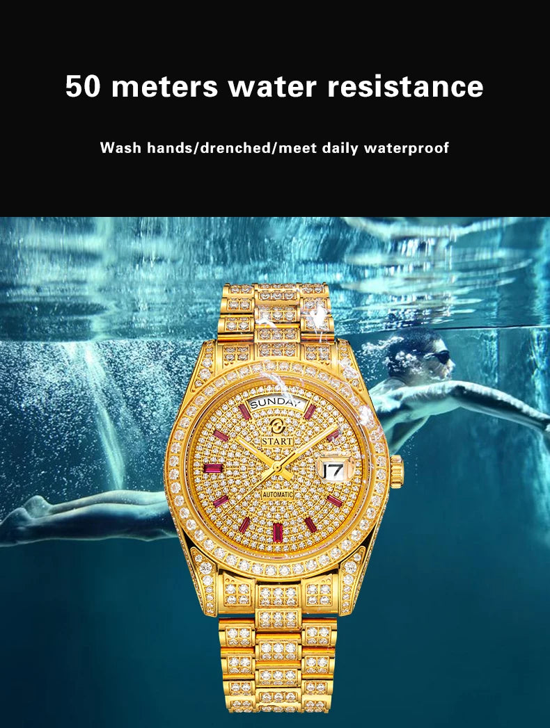 【START】Men's Watch Swiss Automatic Mechanical Movement Diamond Watch Waterproof Date Week Function Golden Watch
