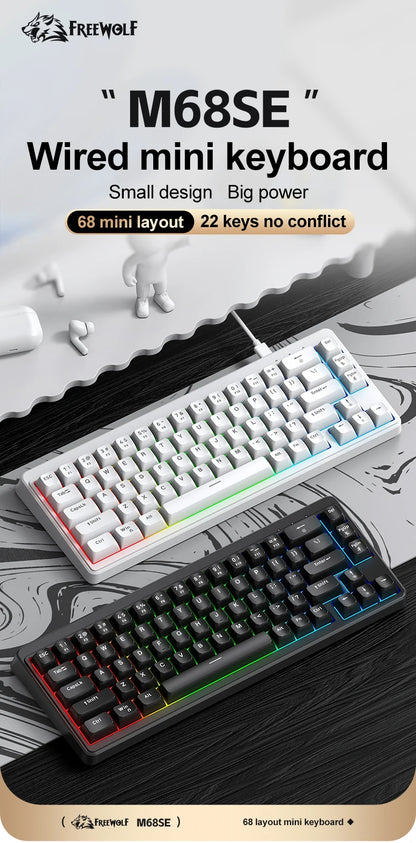 FREEWOLF M68SE 68% Mini Wired Keyboard RGB Backlit Silent Mechanical Feel Type-C Detachable Cable for PC Mac