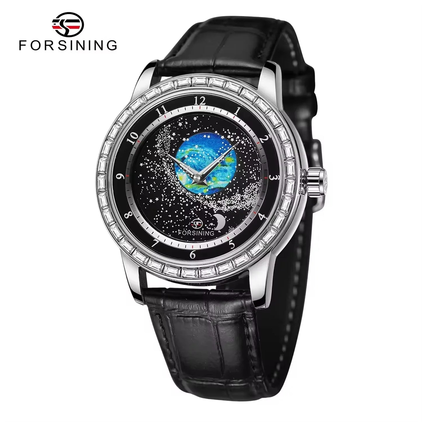 FORSINING Luxury Mens Automatic Mechanical Watch,Earth Star Moon Starry Milky Way Rhinestone Dial Leather Strap,3ATM Waterproof