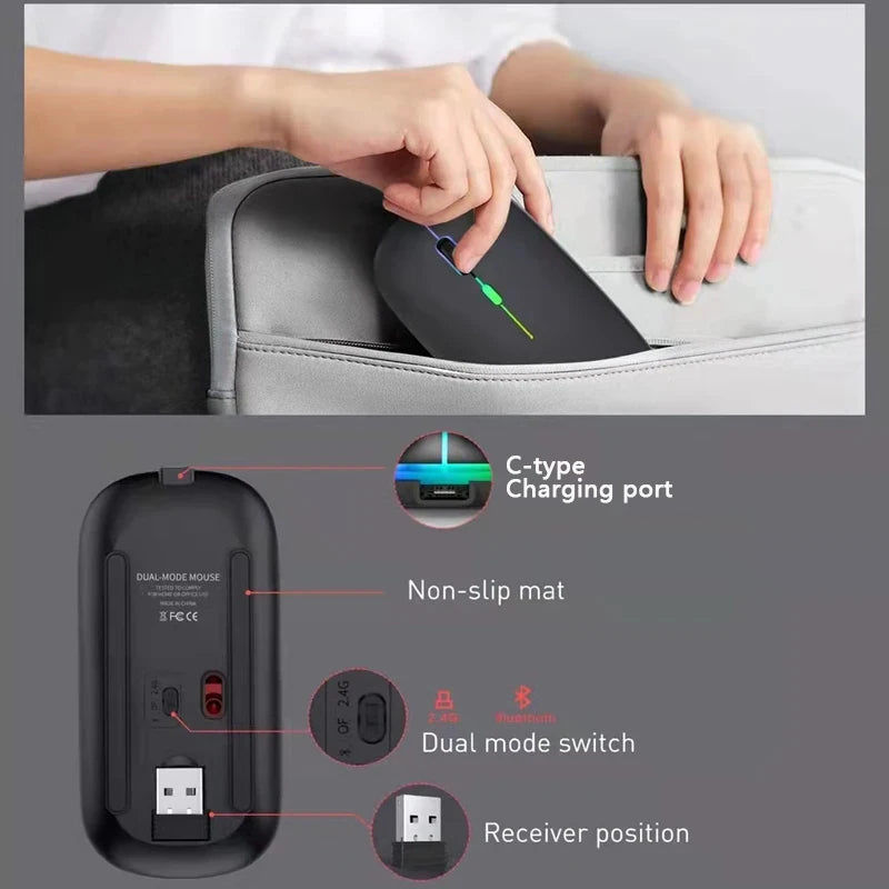 Rechargeable Bluetooth Wireless Mouse with 2.4GHz Dual Mode, RGB Ergonomic Silent Click Mouse for Laptop, PC, Mac, iPad & Android