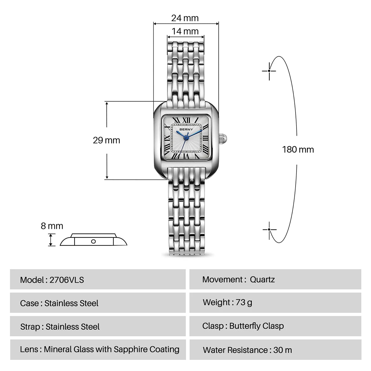 BERNY Luxury Brand Women's Watch New In High Quality S/S Square Ladies Quartz Watches Fashion Elegant Business Wristwatch