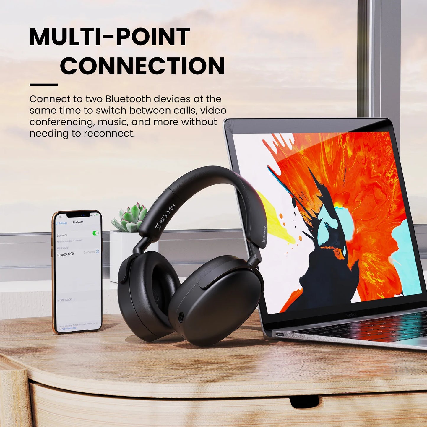Auriculares inalámbricos Bluetooth 5.4 Oneodio SuperEQ A200 con ANC – Auriculares circumaurales con cancelación de ruido, micrófono ENC, audio Hi-Res y control desde app
