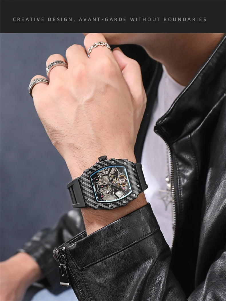 Mechaniczny zegarek Tourbillion dla mężczyzn, silikonowy pasek, szkieletowa koperta tonneau, automatyczne zegarki męskie, luksusowa topowa marka, reloj hombre