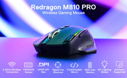 Mouse gaming wireless Redragon M810 Pro, mouse gamer cablato 10000 DPI con tasto Rapid Fire, 8 pulsanti macro, mouse nero/bianco