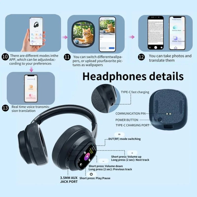 Auriculares inalámbricos Bluetooth con pantalla táctil LCD AI – Headset gaming con cancelación de ruido ANC, graves profundos y micrófono HD