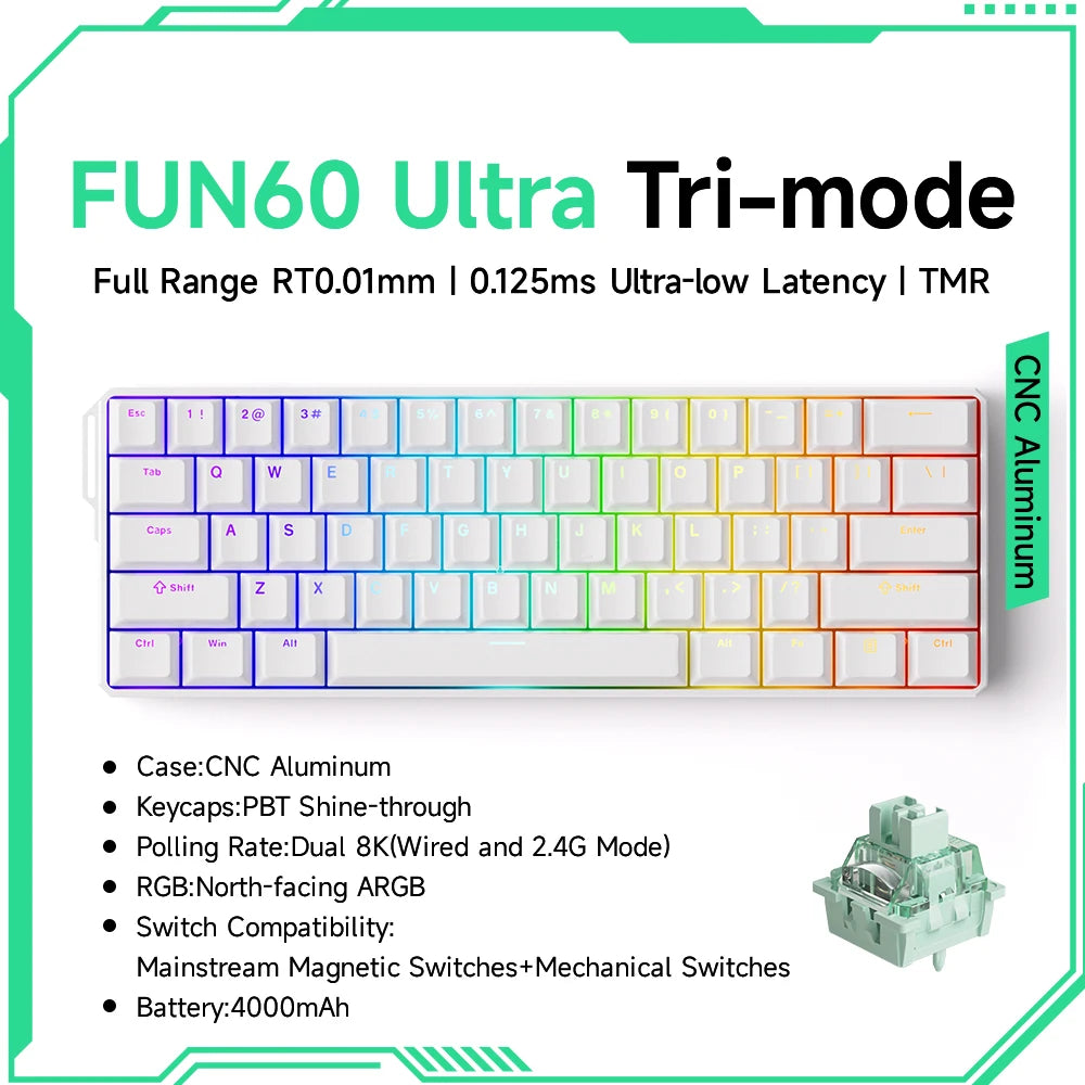 Teclado Gaming Mecânico Akko MonsGeek FUN60 Ultra com Interruptores Magnéticos, 60%, Rapid Trigger, 8K HE/TMR, Teclado Gamer Personalizado em Alumínio
