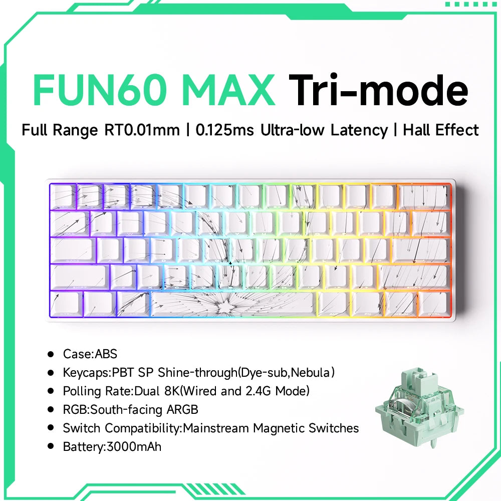 MONSGEEK FUN60 PRO&MAX HE Tastiera meccanica con switch magnetici 60% wireless da gaming, Rapid Trigger 8K ARGB, tastiera personalizzata