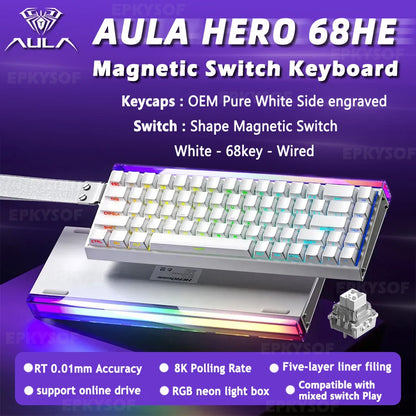 Tastiera AULA HERO 68HE con switch magnetici RGB, tastiera meccanica gaming Rapid Trigger, polling rate 8K, cablata, eSport personalizzata