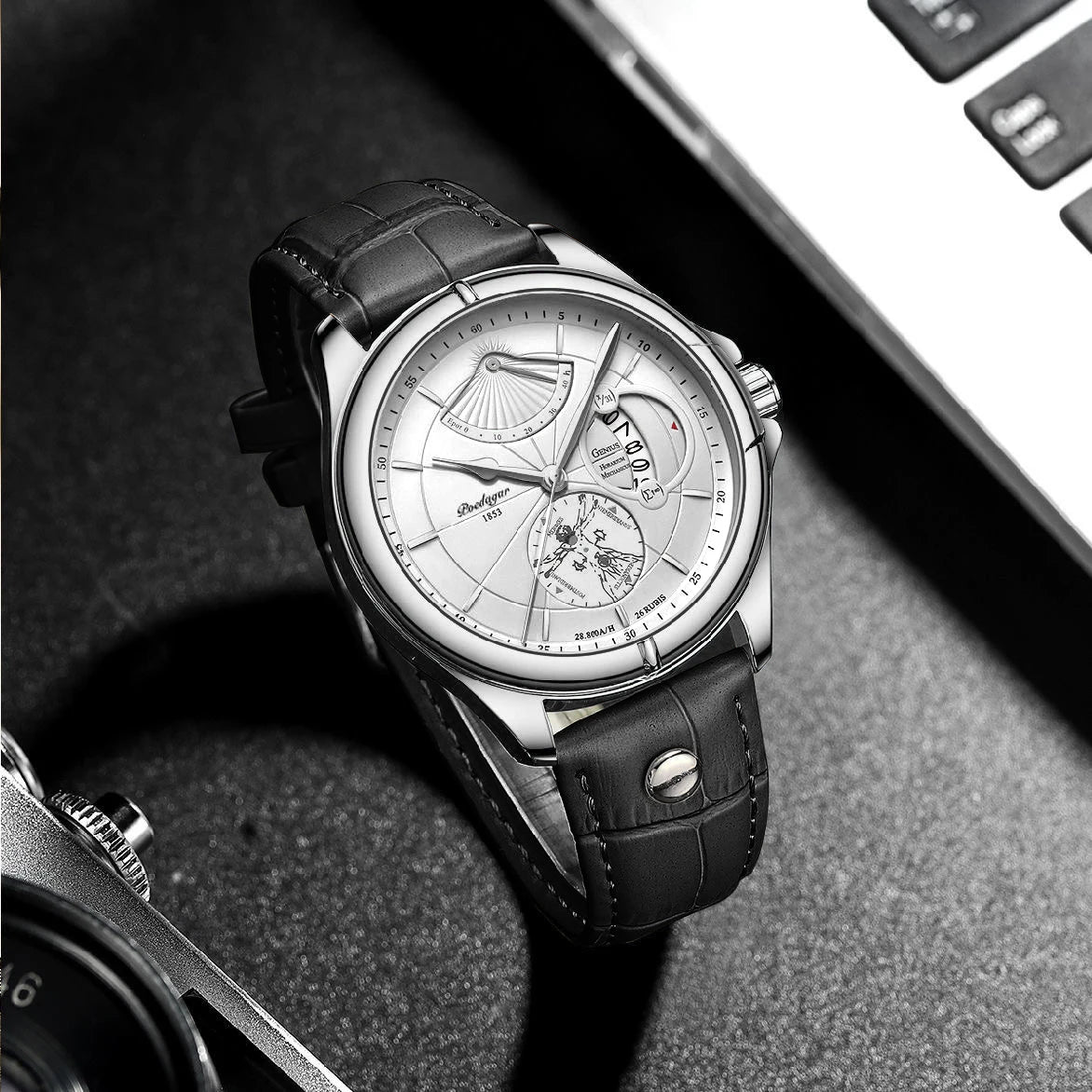 Relógio de pulso de quartzo POEDAGAR para homem – Estilo empresarial, de luxo, estanque, luminoso, com indicação da data e bracelete em pele – Relógio elegante para homem