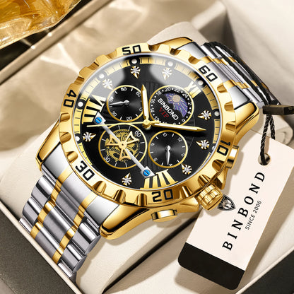 BINBOND quartz watches for men luxury accurate durable watch luminous waterproof chronograph men's watch business watch reloj