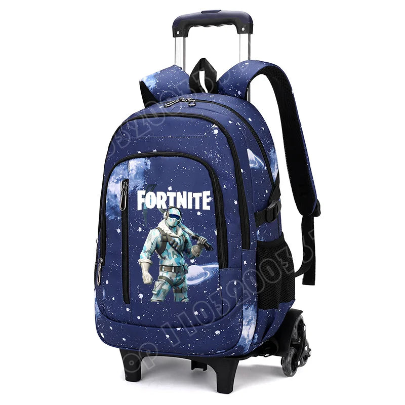 Mochila trolley 2 en 1 Fortnite con estampado de cielo estrellado, gran capacidad, impermeable, compartimento para portátil, diseño para subir escaleras, mochila escolar para estudiantes