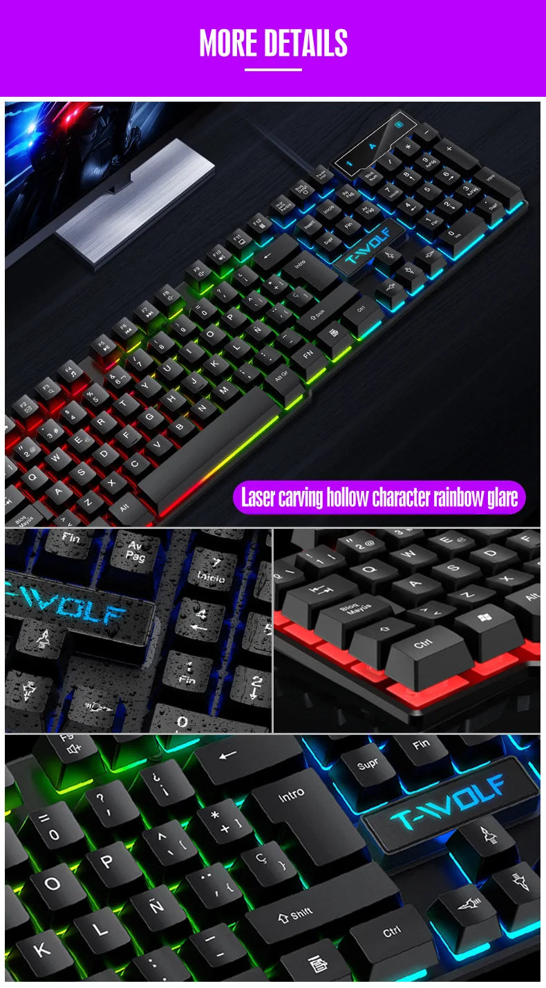 Tastiera gaming meccanica con retroilluminazione RGB, cablata USB, per ufficio e casa, tasti multimediali, layout russo, spagnolo, arabo e inglese