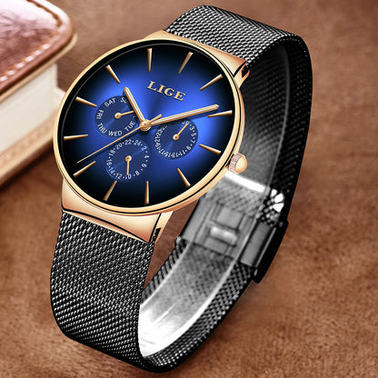 Relógio feminino LIGE, elegante e moderno – Estilo desportivo e descontraído, bracelete em malha, movimento de quartzo, indicação da data e do dia, resistente à água.