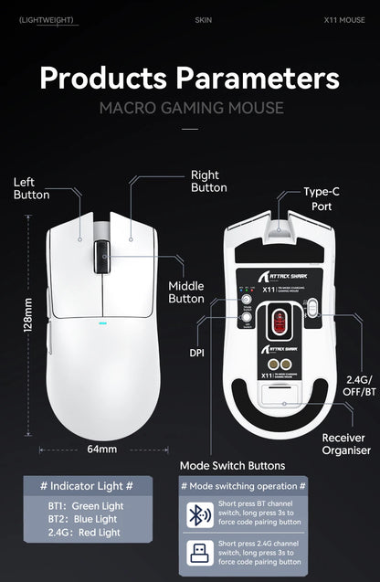 Ratón inalámbrico Attack Shark X11&R1 Tri Mode Bluetooth con base de carga RGB, ergonómico y ligero, accesorio para PC gamer