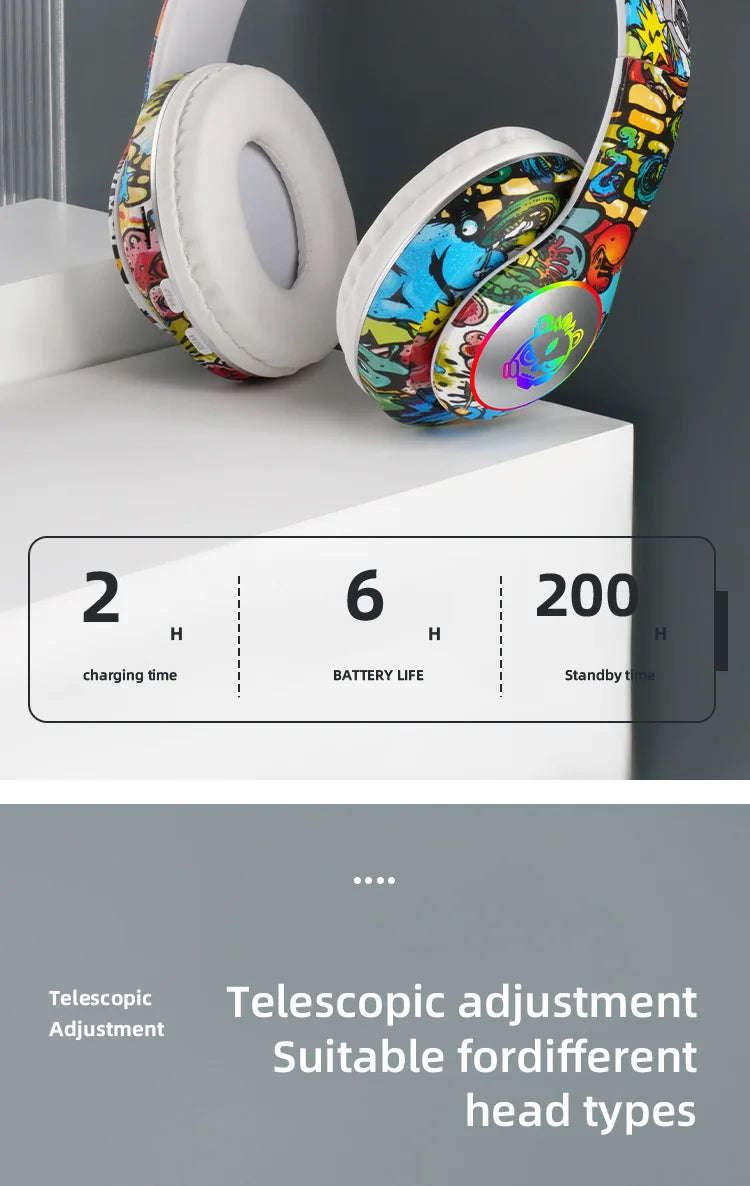 Nuovo headset gaming Bluetooth wireless Graffiti LX-8686 con microfono, luce LED, supporto per scheda TF, bassi profondi e cuffie over-ear per PC, gaming e bambini