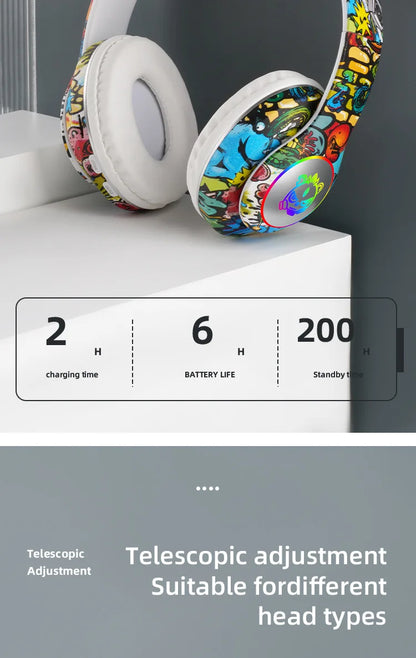 Nuovo headset gaming Bluetooth wireless Graffiti LX-8686 con microfono, luce LED, supporto per scheda TF, bassi profondi e cuffie over-ear per PC, gaming e bambini