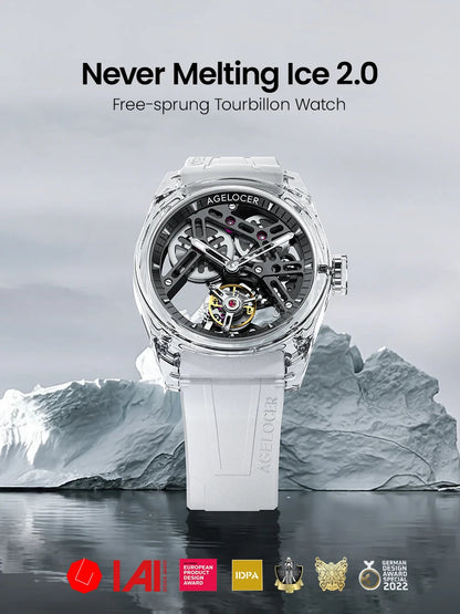 Reloj AGELOCER de edición limitada «Ice Never Melts» con tourbillon de cristal de oscilación libre, reloj mecánico manual de lujo