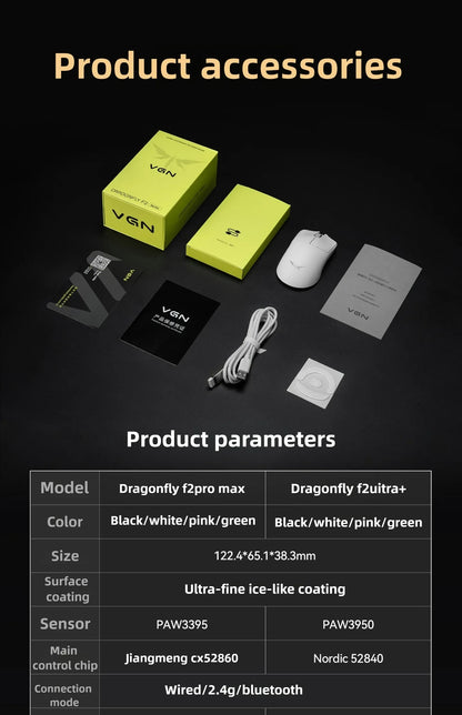 VGN Dragonfly F2 ProMax/Ultra E-Sports-Gaming-Maus 42000DPI 0.125ms für CSGO, Latenz kabelgebunden/kabellos, Dual 8K, 3 Modi, PAW3395/3950