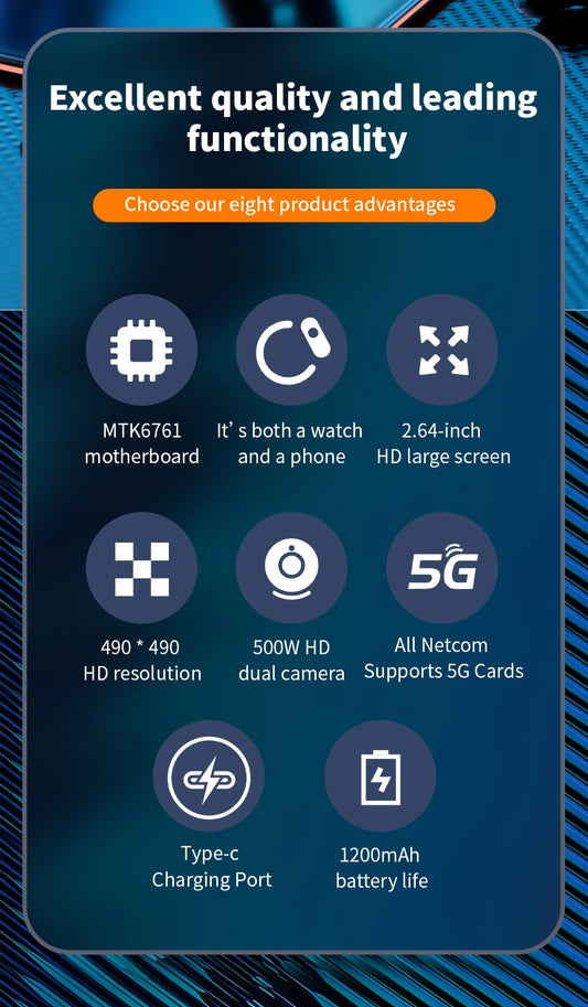Domars Full Netcom meertalig smartwatch met groot scherm van 2,64 inch, grote batterij van 1200 mAh, app voor videogesprekken, te downloaden