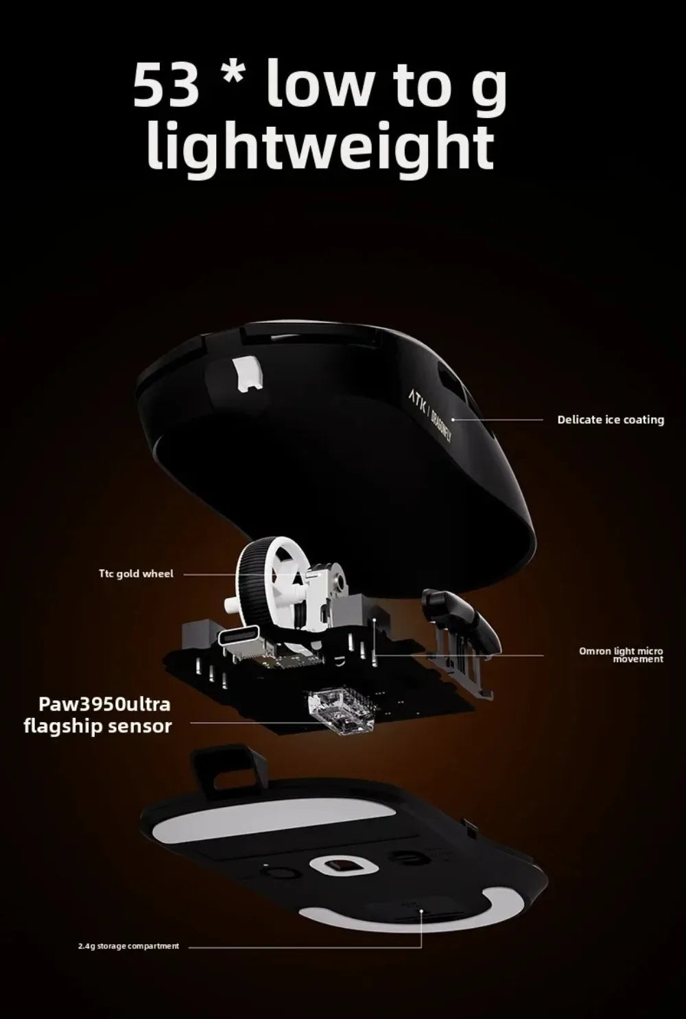 Mouse gaming wireless Bluetooth ATK Dragonfly A9, design ergonomico, risposta rapida, PAW3950 Ultra, 800mAh, leggero, 8KHz, eSport