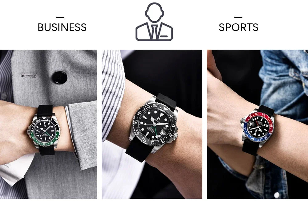Orologio PAGANI DESIGN GMT 40MM da uomo, di lusso, con vetro zaffiro AR, movimento meccanico automatico, lunetta in ceramica, impermeabile 100M, idea regalo