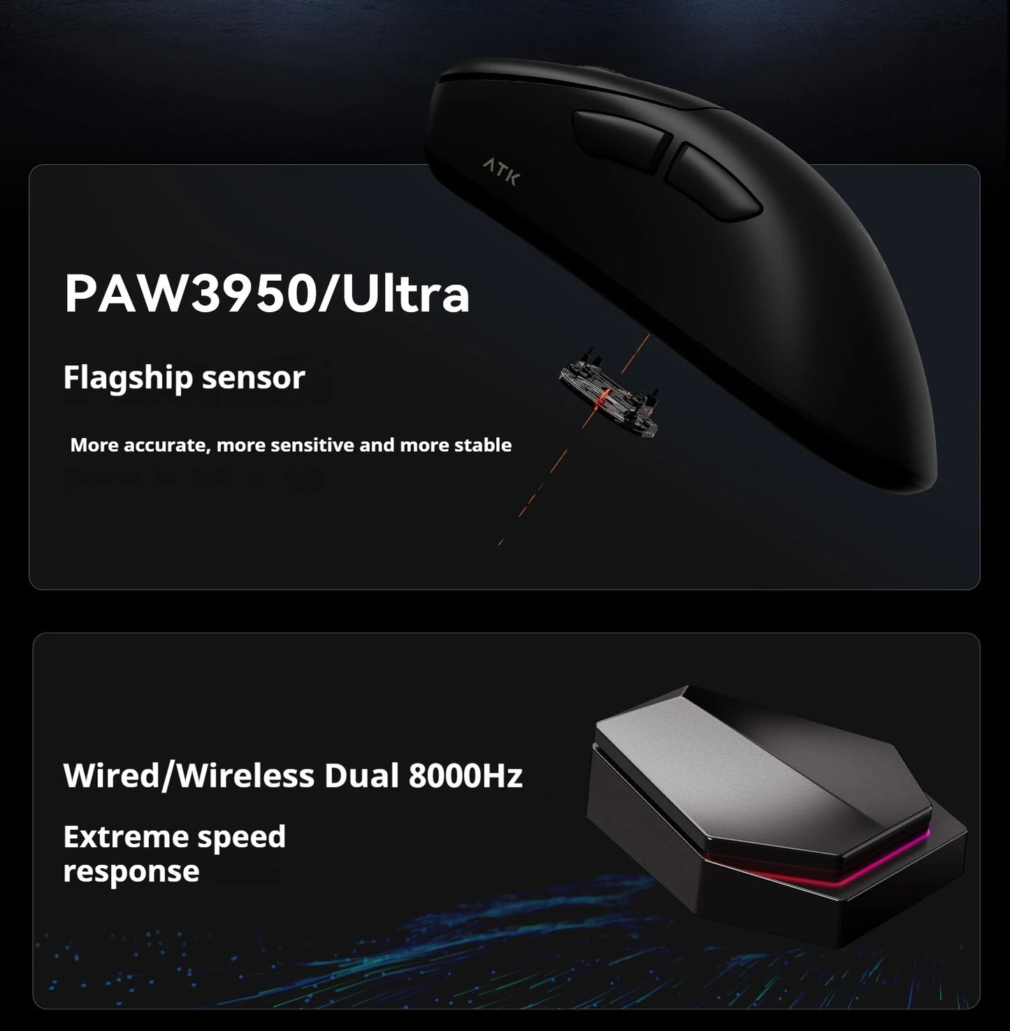 Ratón gaming inalámbrico ATK Z1 Pro Max Ultra con patas personalizadas, PAW3950, velocidad inalámbrica ultrainteligente, tasa de sondeo 8k y baja latencia de 0.39ms