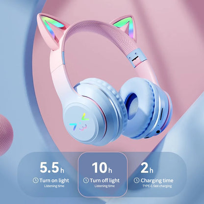 RGB Cat Ear Wireless Bluetooth Headphones for Kids & Girls – LED Light Stereo Gaming Headset with Microphone